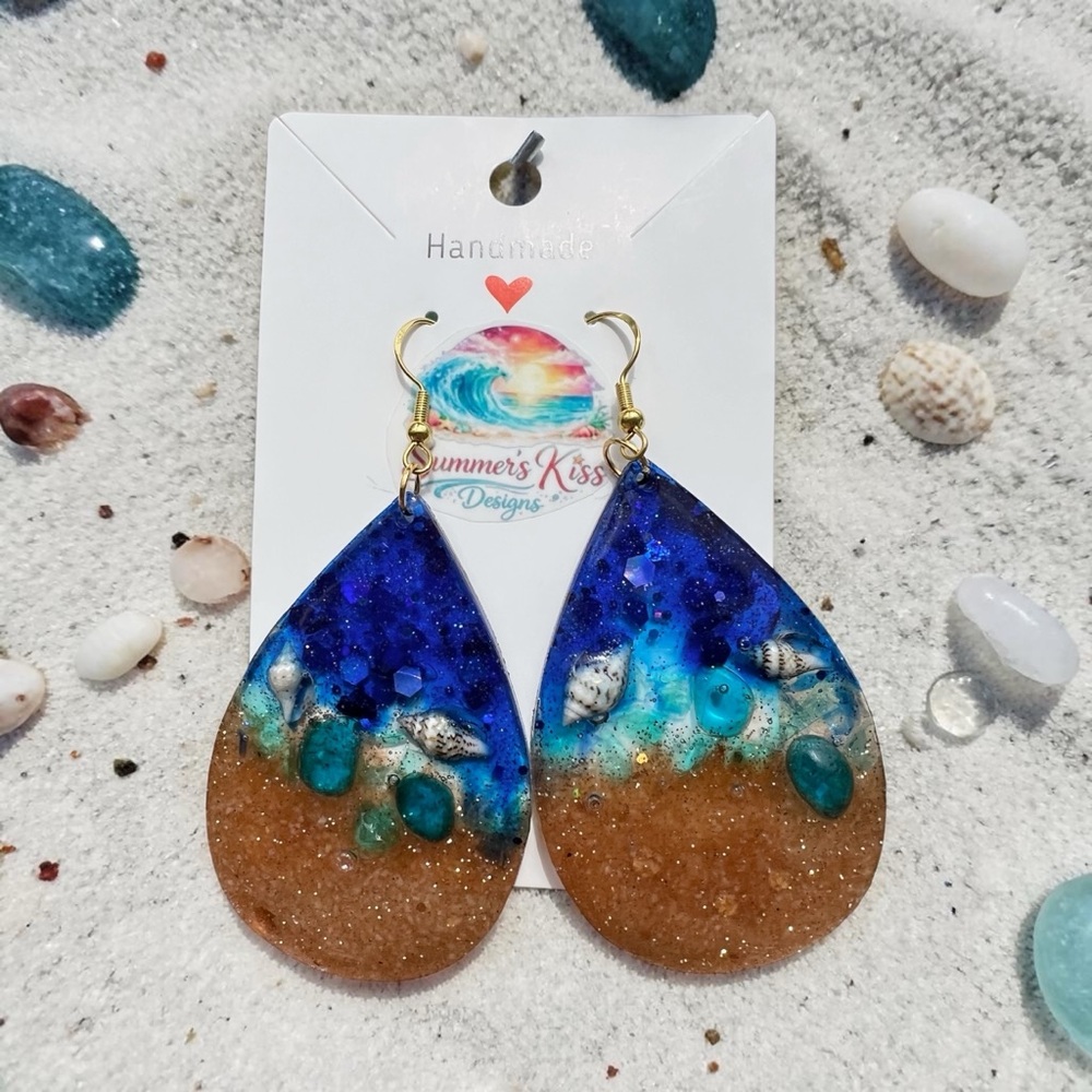 Handmade resin Beach Teardrop Resin Earrings with real Shell Accents